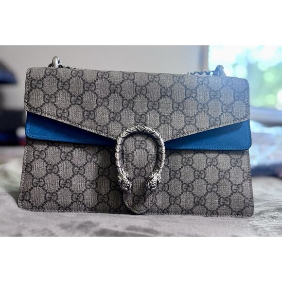 Gucci Dinoysus GG Small Supreme Taupe/Teal Suede Authentic - Picture 1 of 15